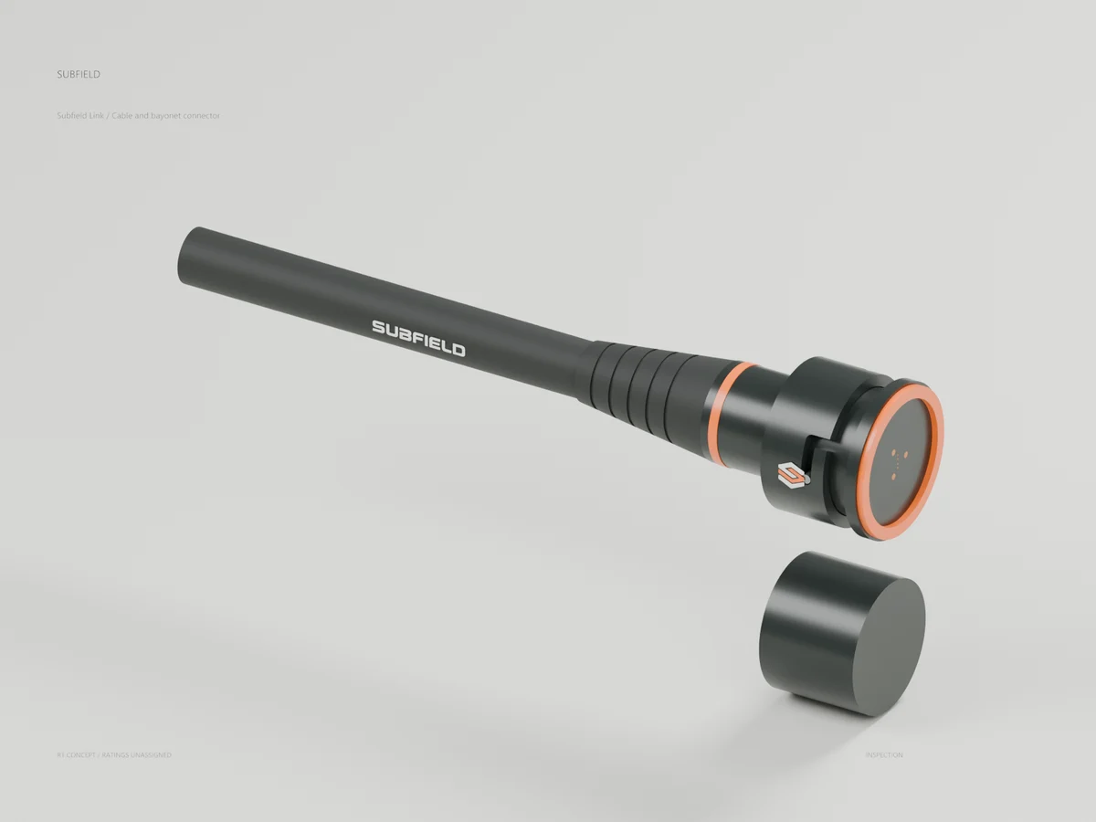 Subfield graphite cable, tapered strain relief, orange identity band, mated connector and separate cap