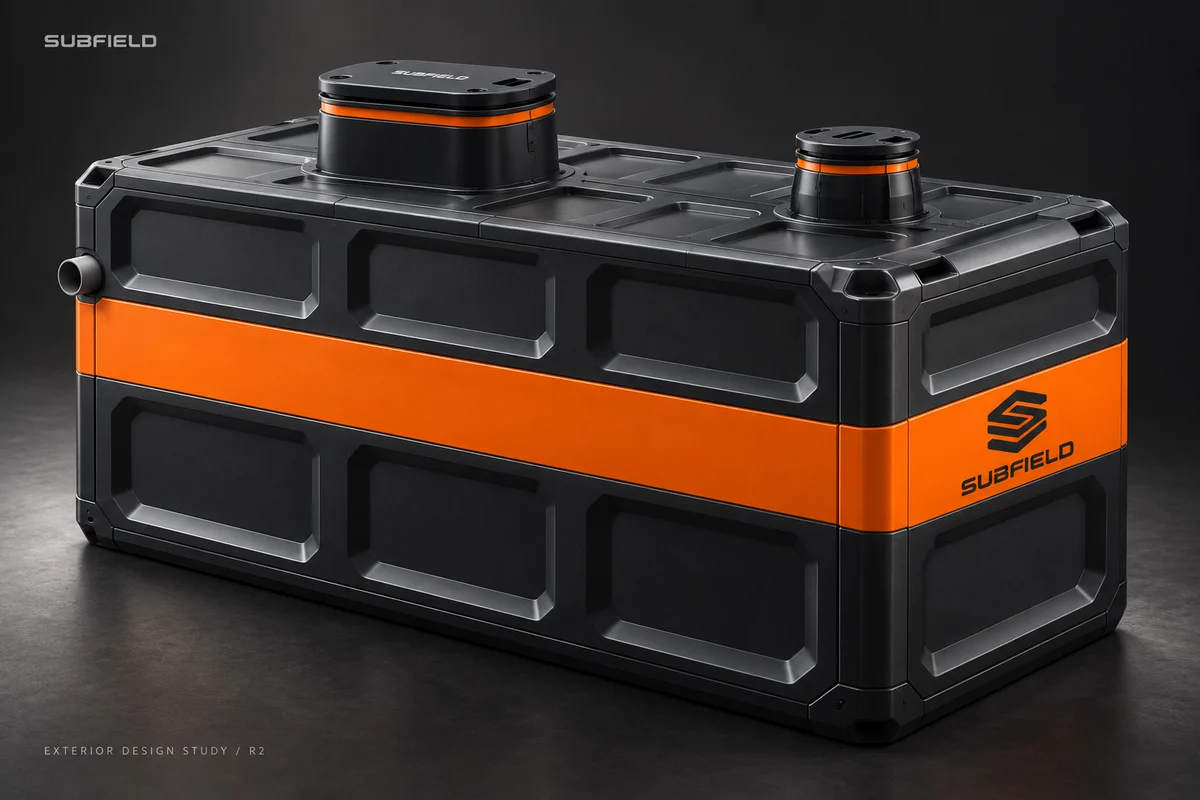 Tank in graphite and Subfield orange; proposed form and finish