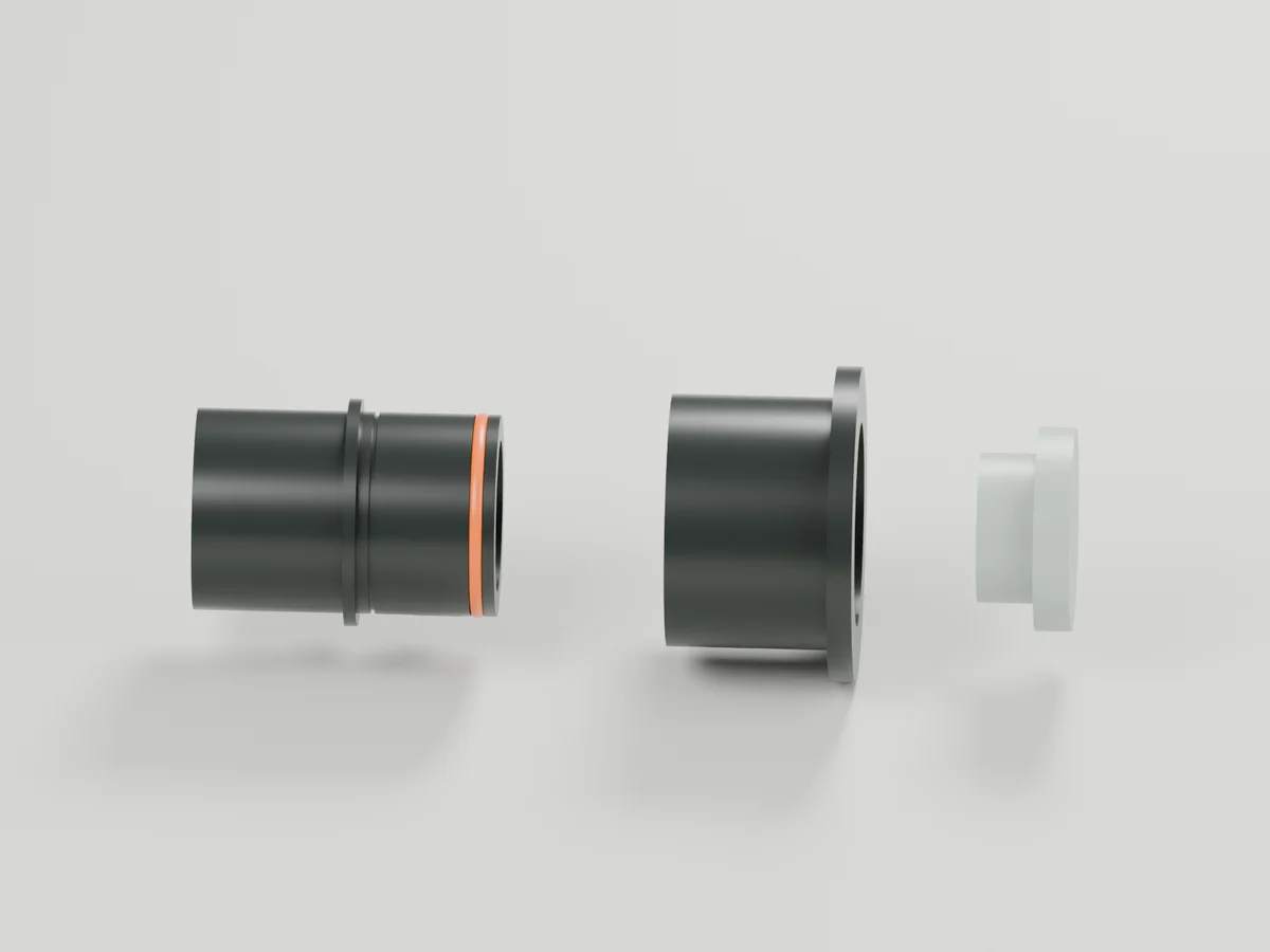 Forward sealing spigot, receiver and relieved dielectric in exploded arrangement